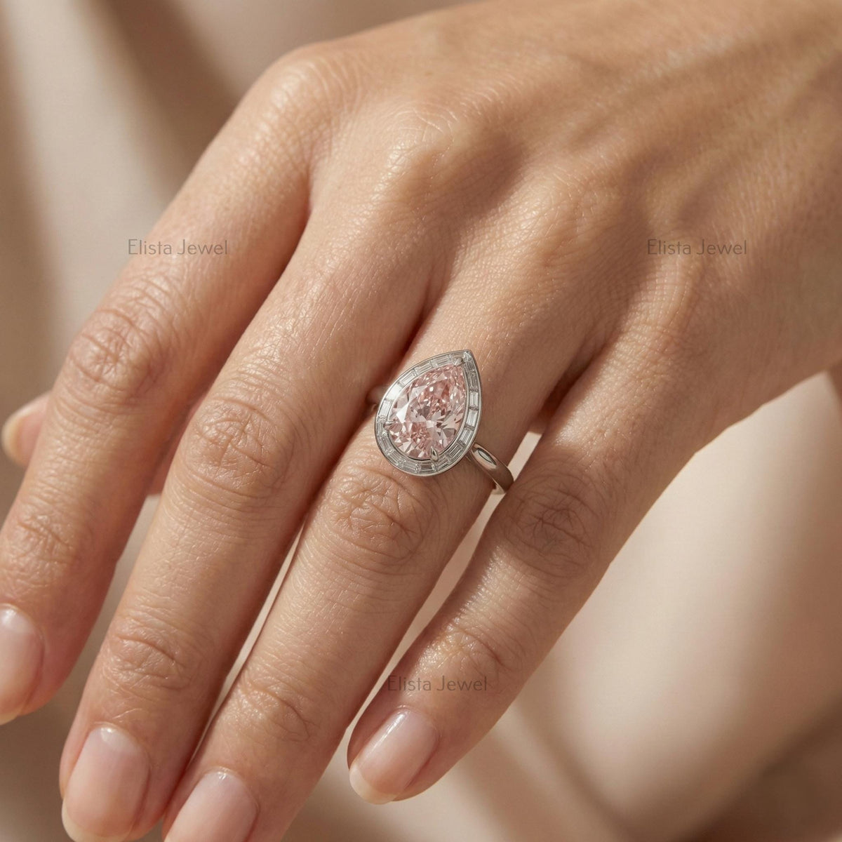 Pear Pink Lab Grown Diamond Halo Engagement Ring In 14K Solid White Gold