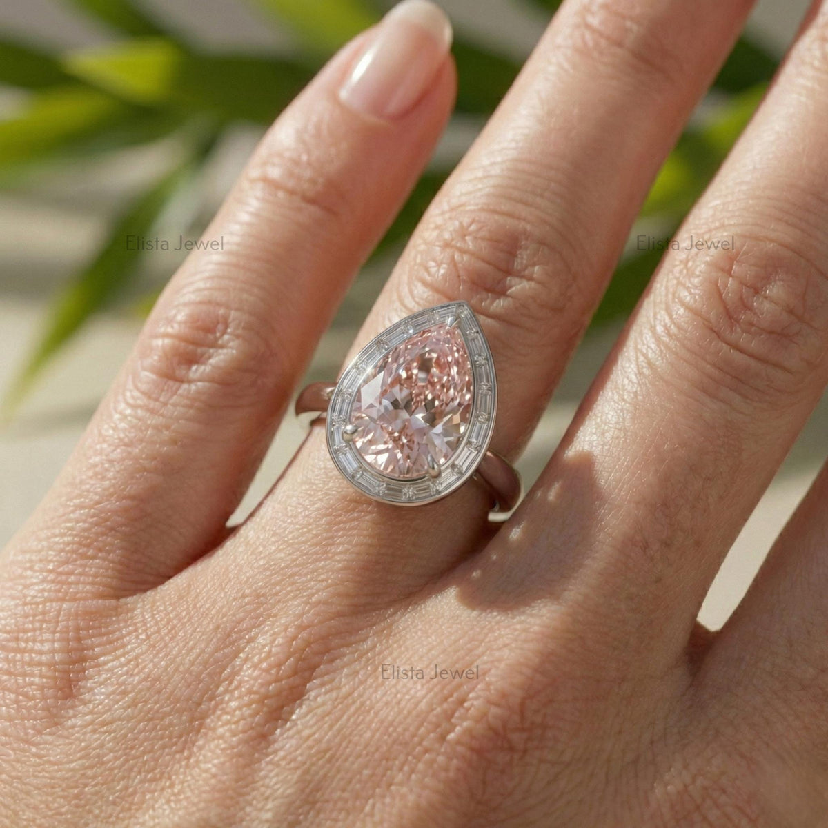 Pear Pink Lab Grown Diamond Halo Engagement Ring In 14K Solid White Gold