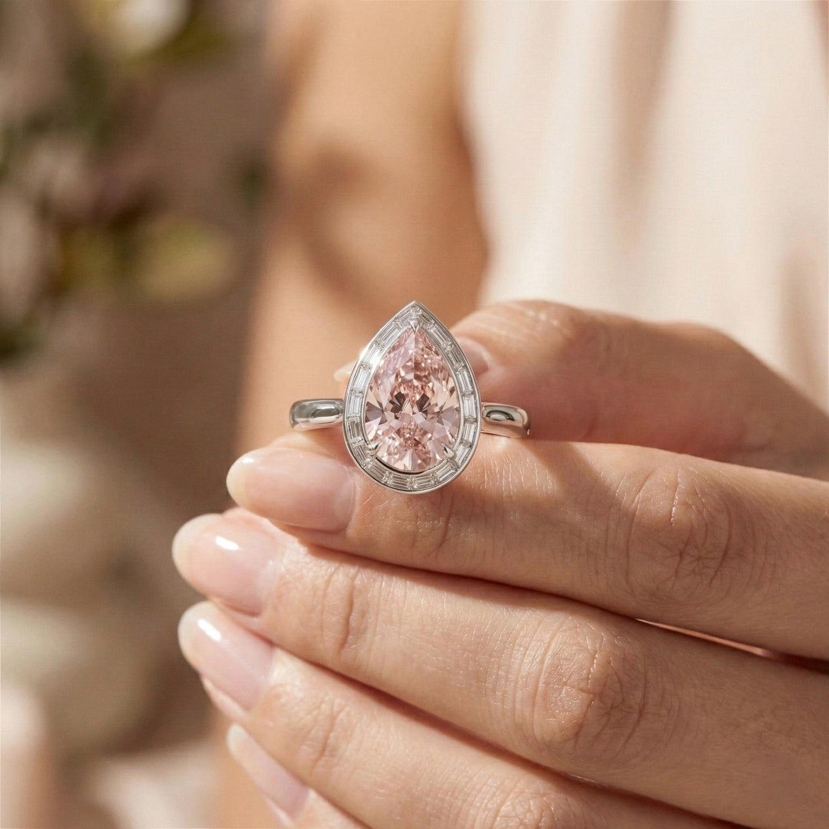 Pear Pink Lab Grown Diamond Halo Engagement Ring In 14K Solid White Gold