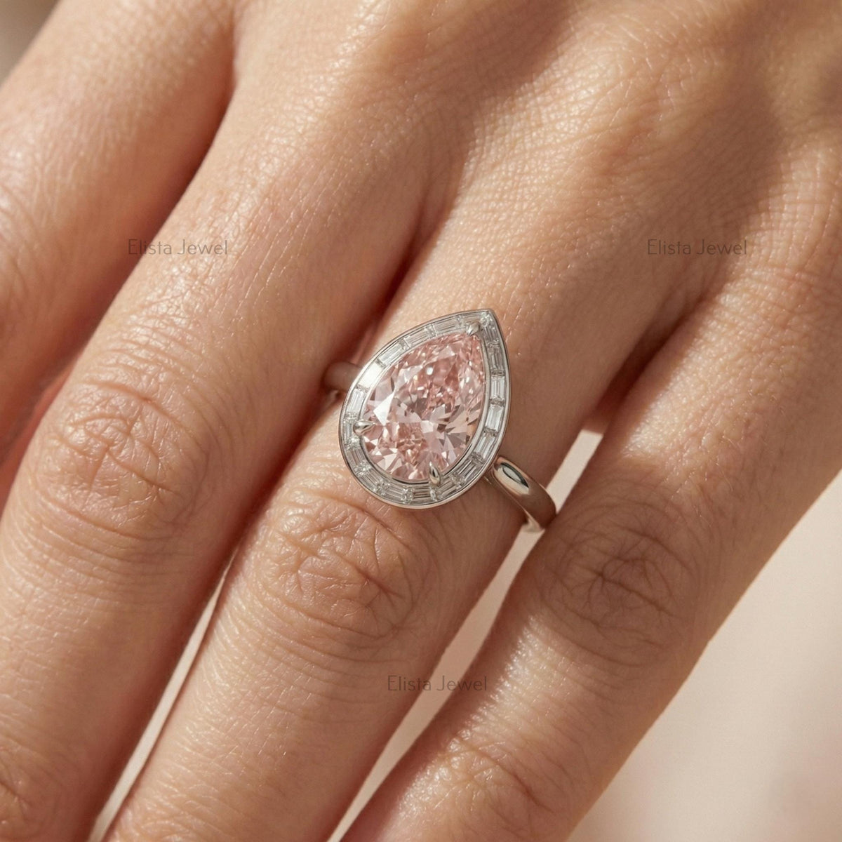 Pear Pink Lab Grown Diamond Halo Engagement Ring In 14K Solid White Gold