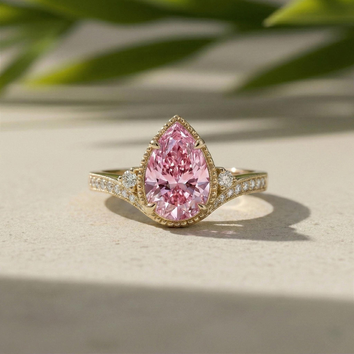 Pear Lab-grown Pink Diamond  Ring In 14K Yellow Gold Milgrain Pave Engagement Ring