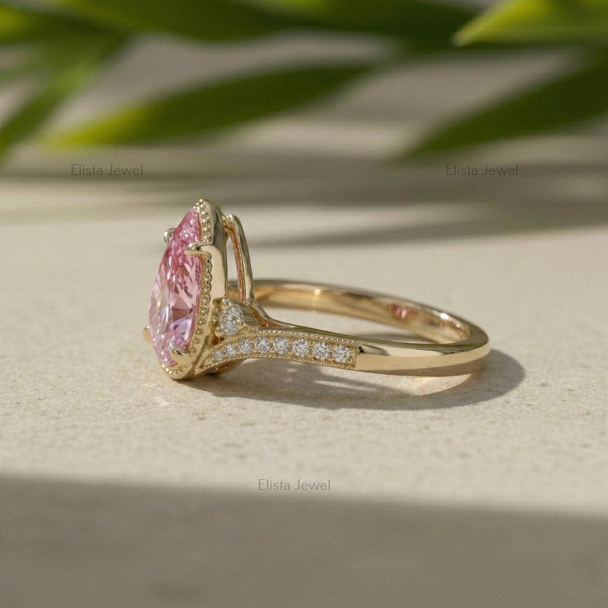 Pear Lab-grown Pink Diamond  Ring In 14K Yellow Gold Milgrain Pave Engagement Ring