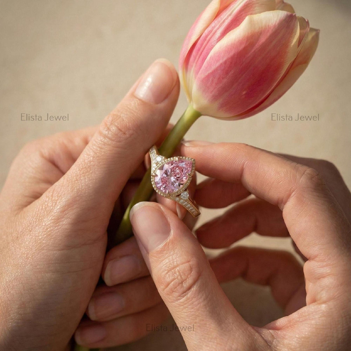 Pear Lab-grown Pink Diamond  Ring In 14K Yellow Gold Milgrain Pave Engagement Ring