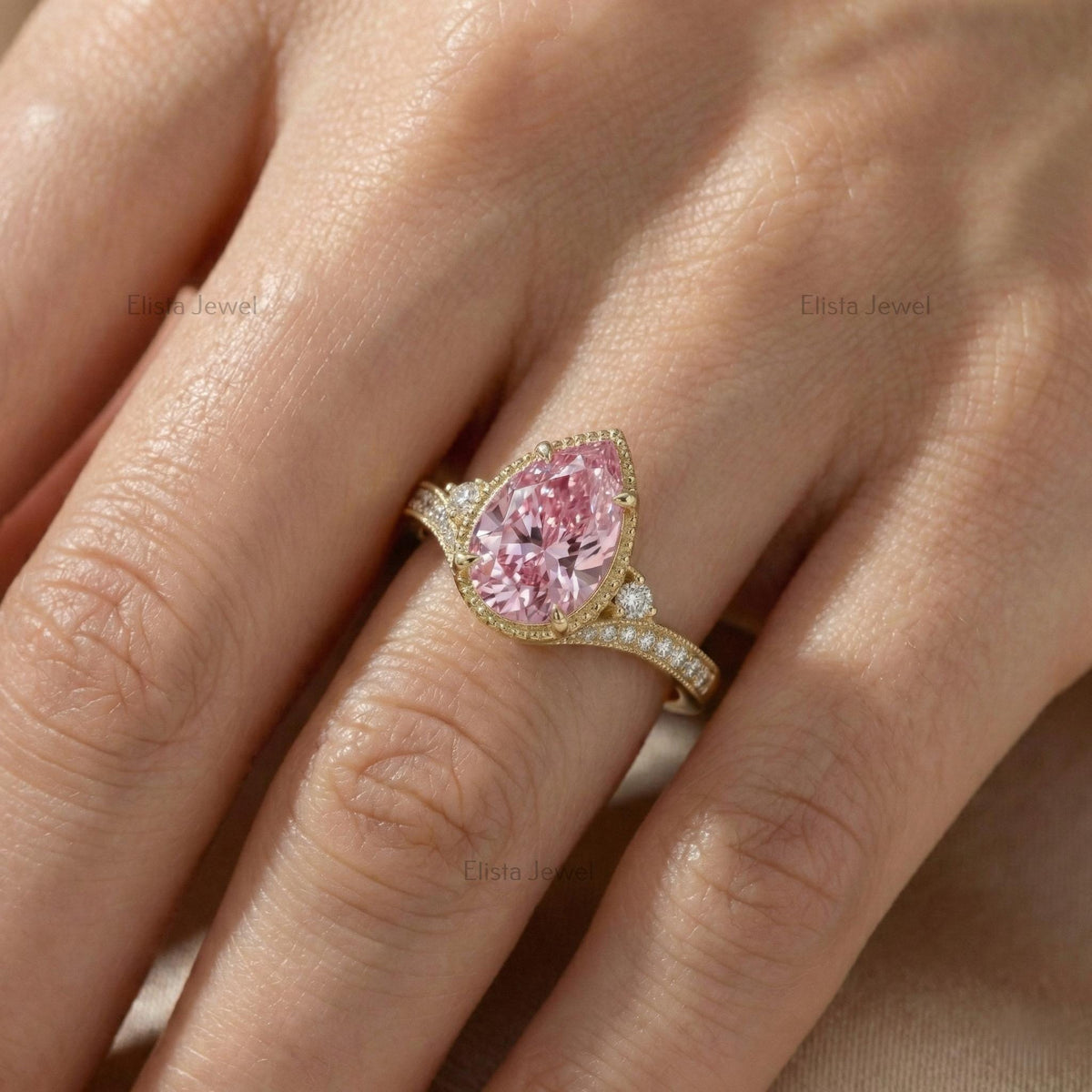 Pear Lab-grown Pink Diamond  Ring In 14K Yellow Gold Milgrain Pave Engagement Ring