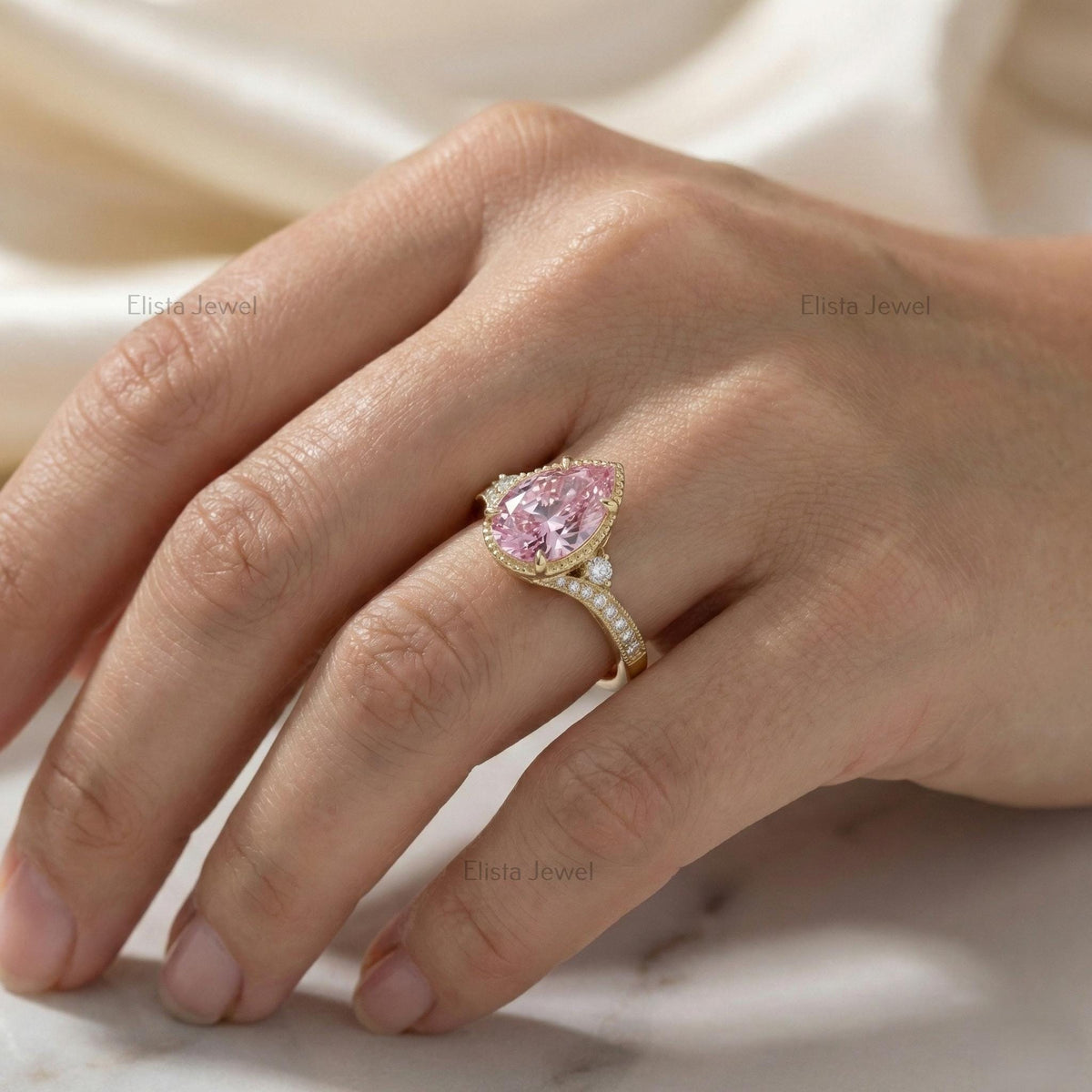 Pear Lab-grown Pink Diamond  Ring In 14K Yellow Gold Milgrain Pave Engagement Ring