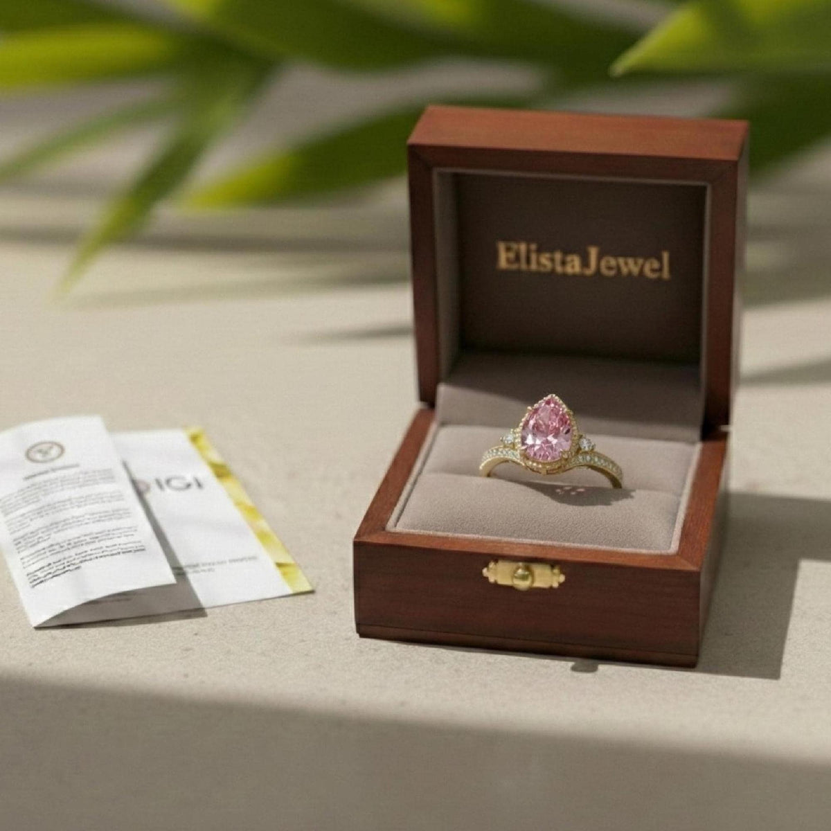 Pear Lab-grown Pink Diamond  Ring In 14K Yellow Gold Milgrain Pave Engagement Ring