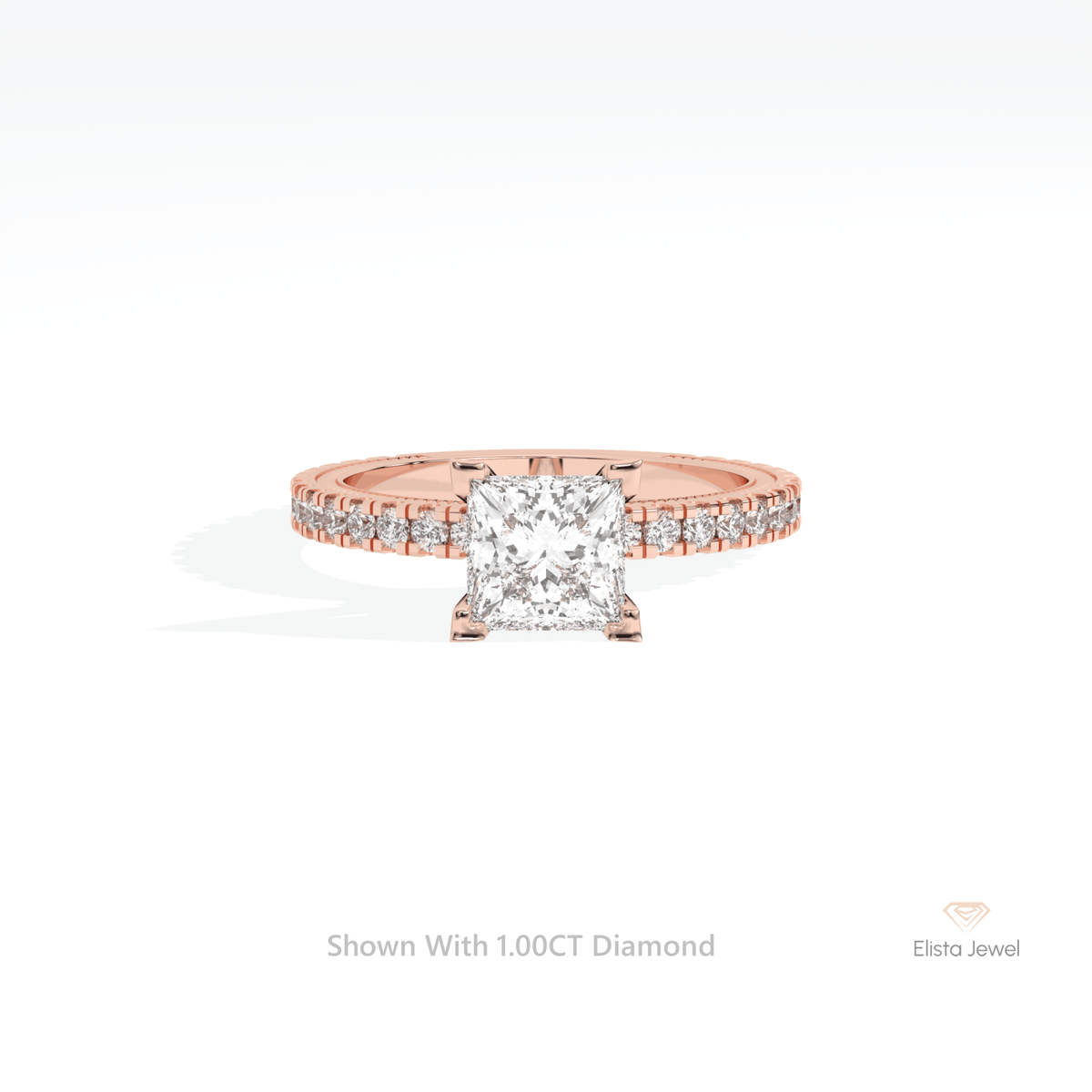 Princess Cut Accent Engagement Lab Grown Diamond Ring in 18K Rose Gold - Ring on Hand View