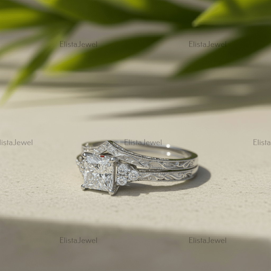 Princess Cut Lab-Grown Diamond Bridal Set: 14K White Gold Ring with Curved Band