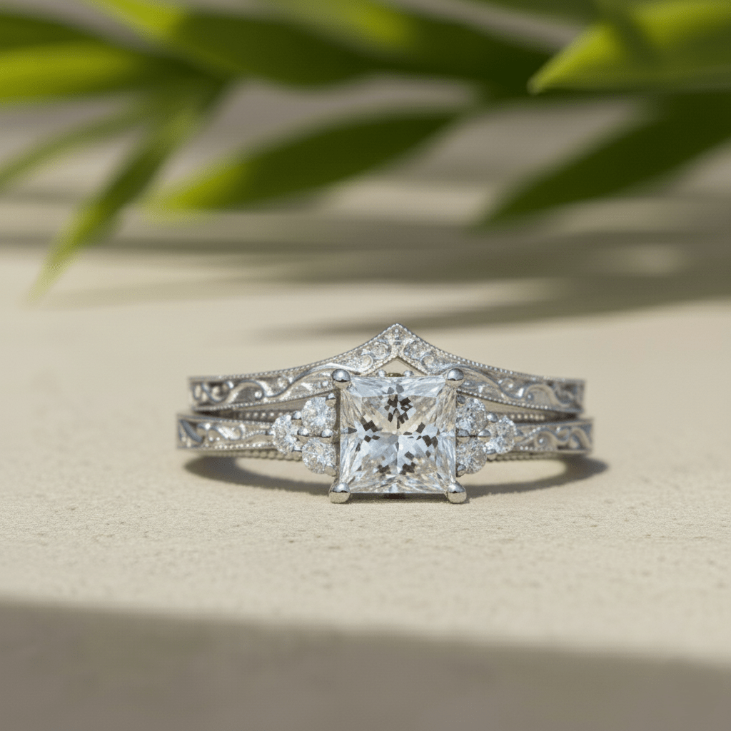 Princess Cut Lab-Grown Diamond Bridal Set: 14K White Gold Ring with Curved Band