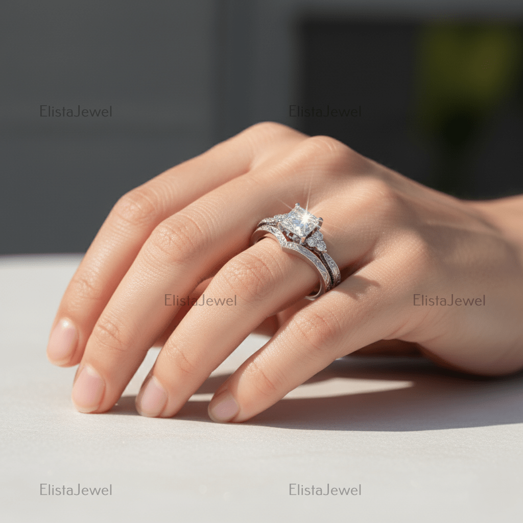 Princess Cut Lab-Grown Diamond Bridal Set: 14K White Gold Ring with Curved Band