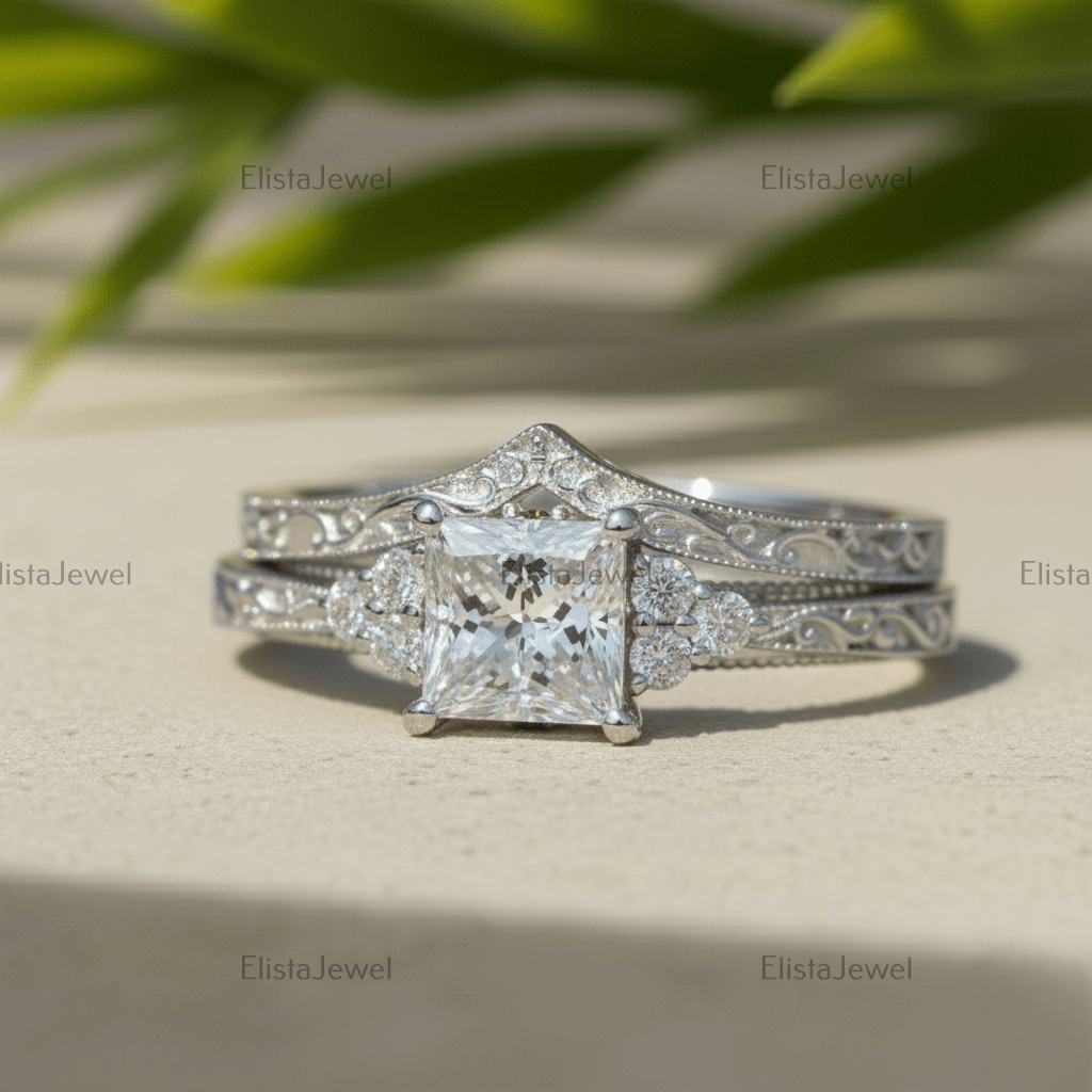 Princess Cut Lab-Grown Diamond Bridal Set: 14K White Gold Ring with Curved Band