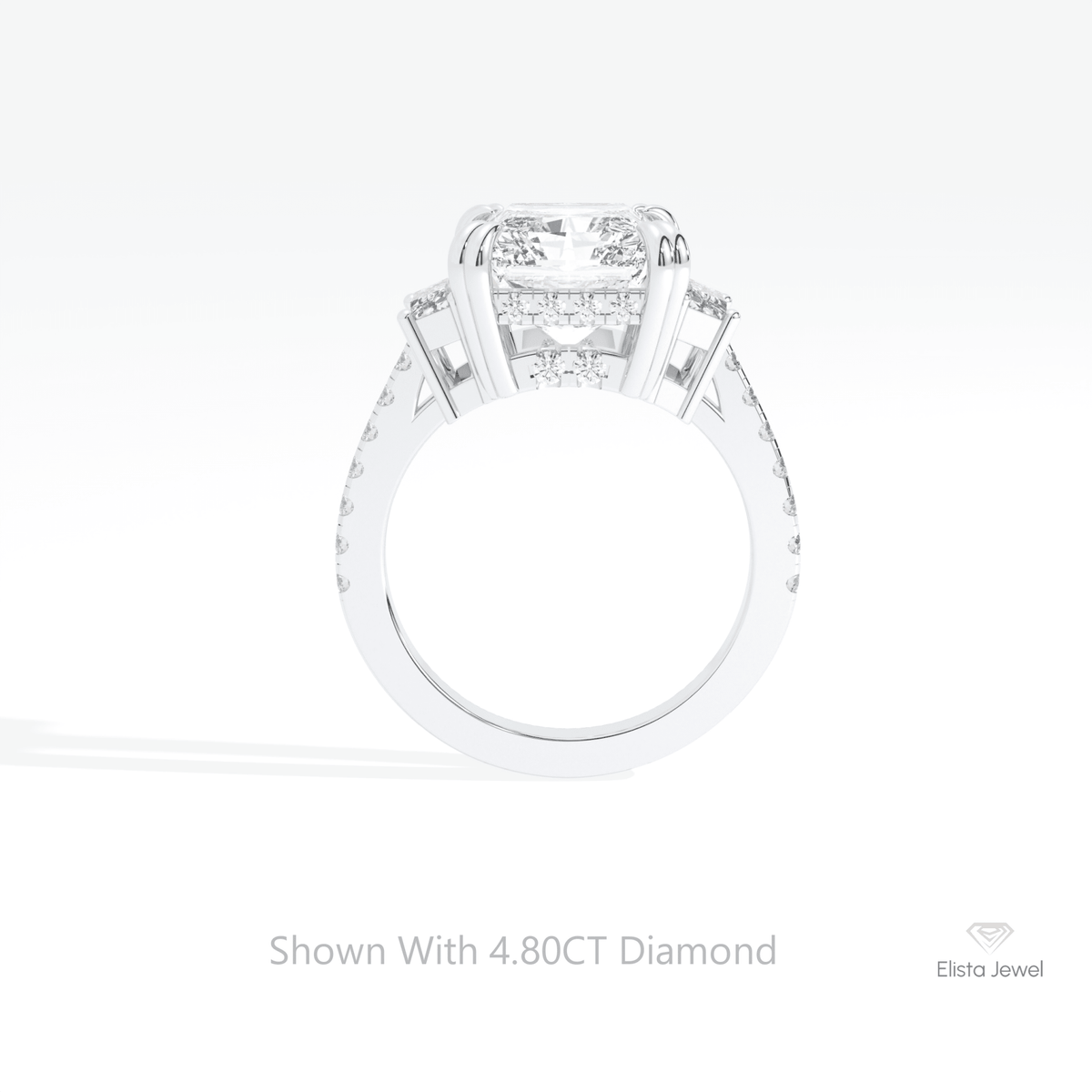 Radiant Cut Accent Three Stone Lab Grown Diamond Ring in 18K White Gold - Close-up View