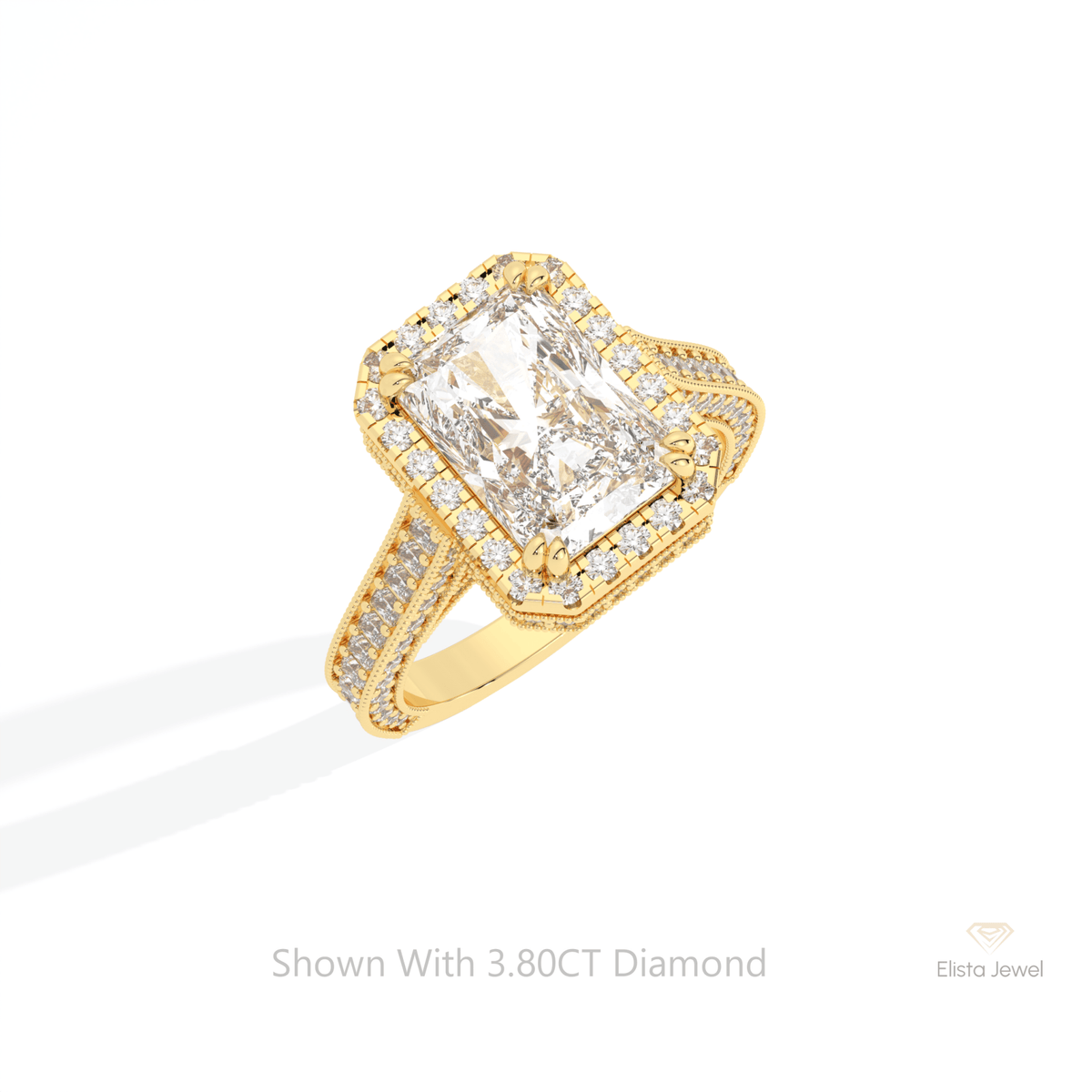 Radiant Cut Halo Engagement Lab Grown Diamond Ring in 10K Yellow Gold - Side View