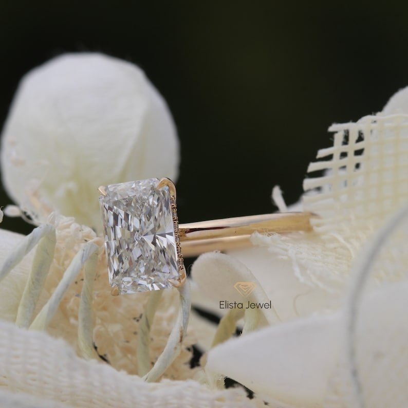 Radiant Cut Hidden Halo Engagement Lab Grown Diamond Ring in 18K White Gold - Close-up View