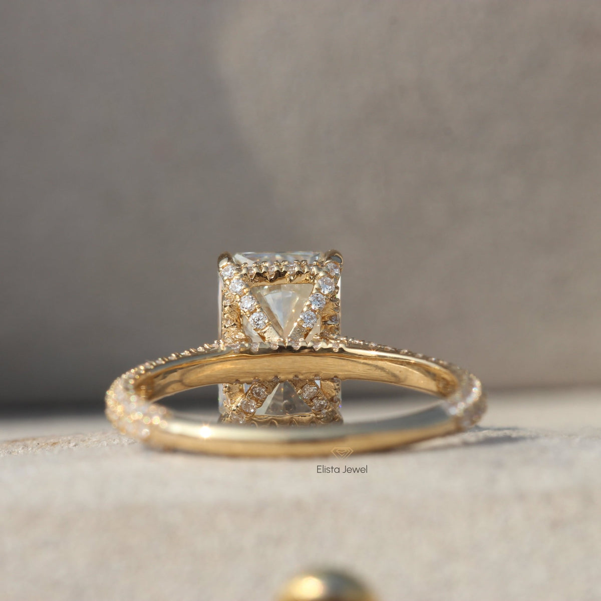 Radiant Cut Lab Diamond Hidden Halo Wedding Ring in Platinum - Top View