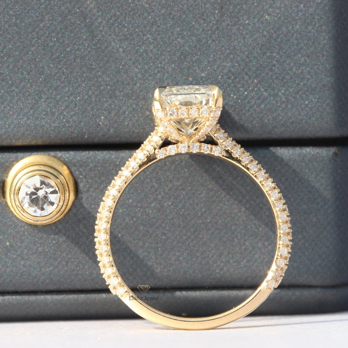 Radiant Cut Lab Diamond Hidden Halo Wedding Ring - Profile View