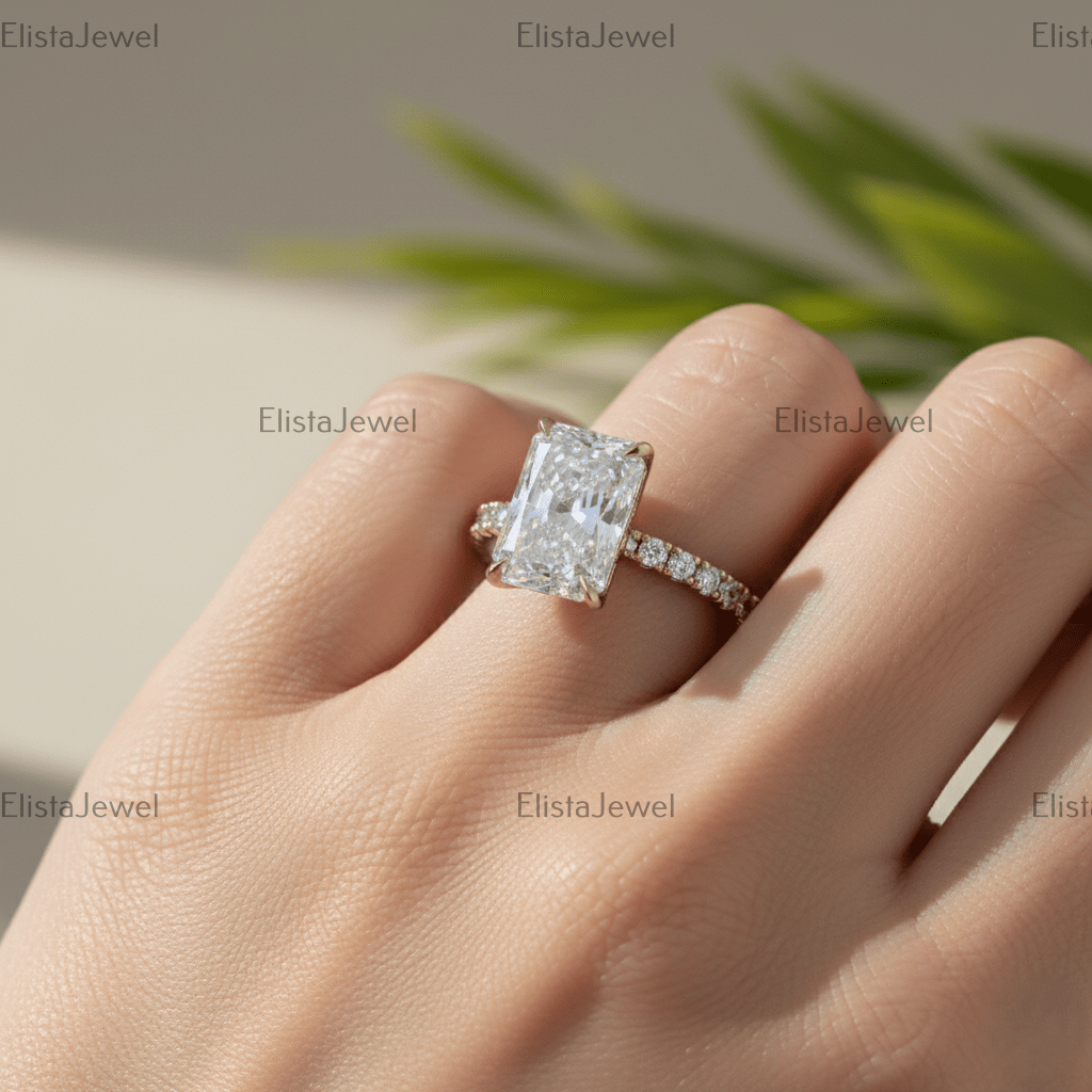 Radiant Cut Lab Grown Diamond Hidden Halo Engagement Ring In 14K Solid Yellow Gold, Certified Diamond Ring For Women...