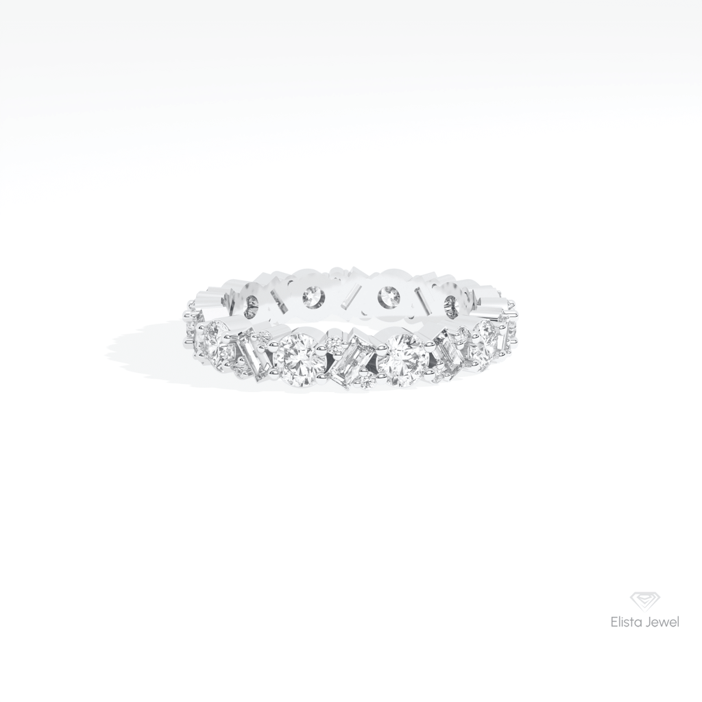 Round & Baguette Cut Full Eternity Lab Grown Diamond Band in 10K White Gold - Front View