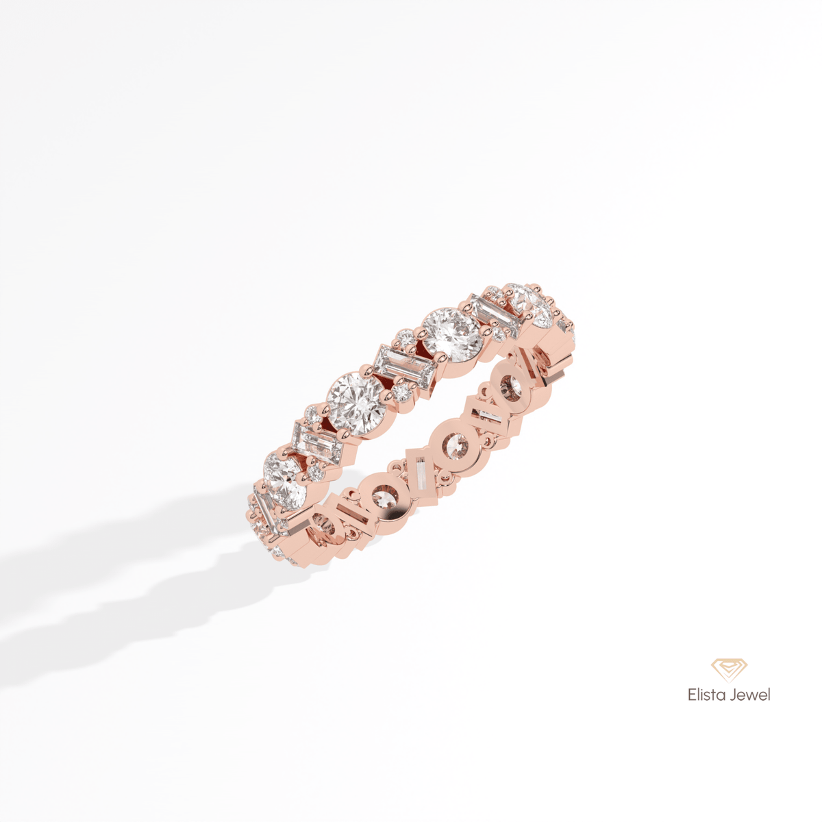 Round & Baguette Cut Full Eternity Lab Grown Diamond Band in 14K Rose Gold - Profile View