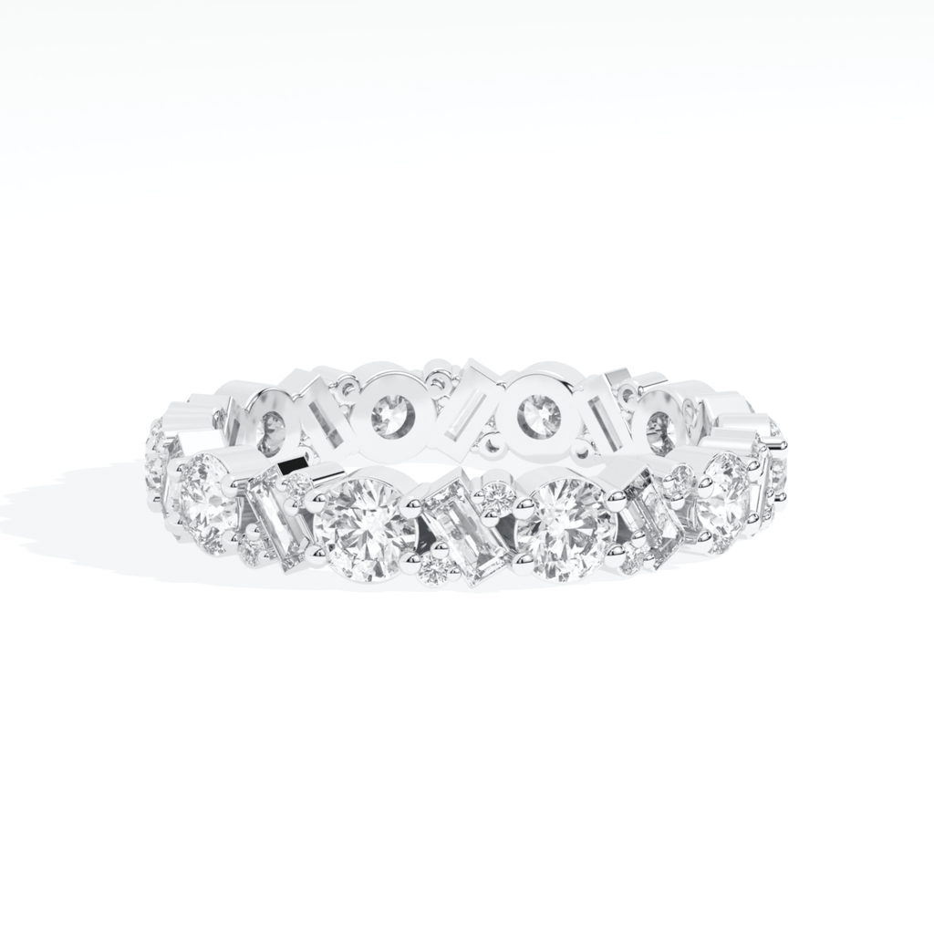 Round & Baguette Cut Full Eternity Lab Grown Diamond Band in 10K White Gold - Front View