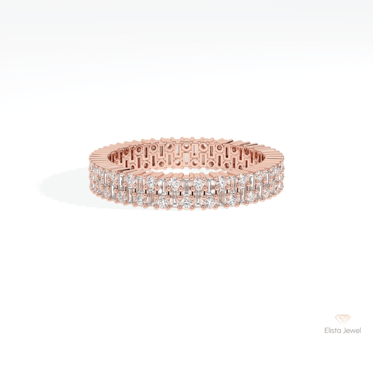 Round & Baguette Cut Full Eternity Lab Grown Diamond Band in 18K Rose Gold - Ring on Hand View