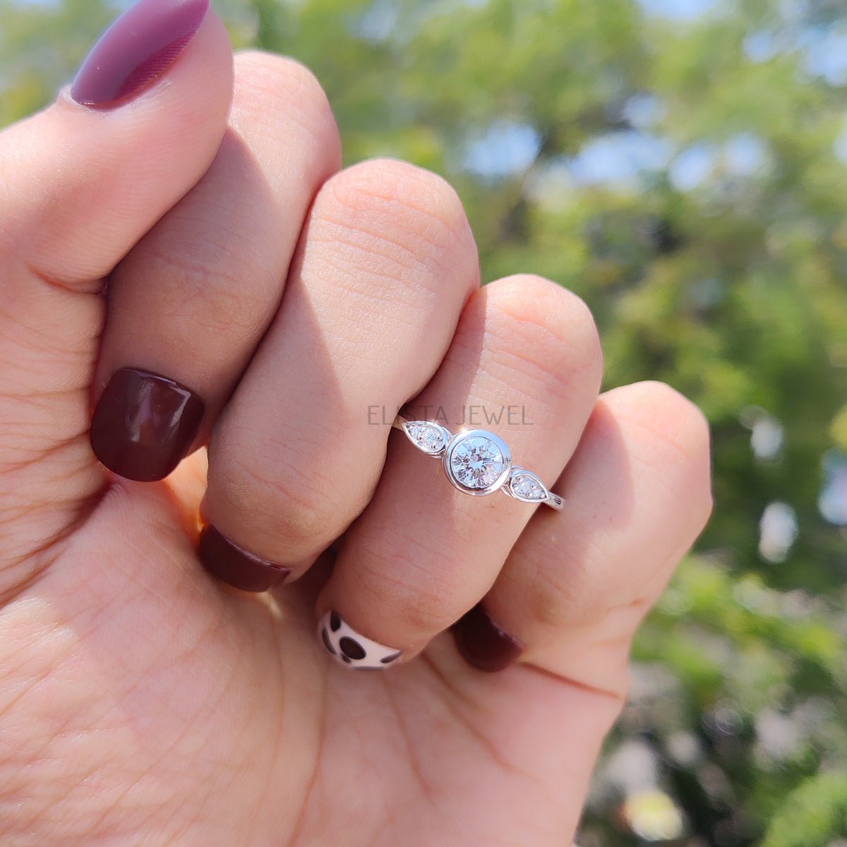 Round Cut Accent Bezel Wedding Lab Grown Diamond Ring in 18K - Angled View