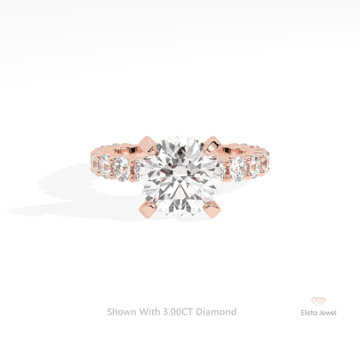 Round Cut Accent Engagement Lab Grown Diamond Ring in 18K Rose Gold - Ring on Hand View