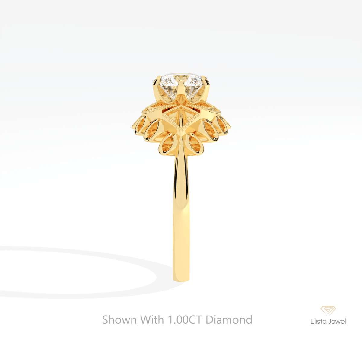 Round Cut Art Deco Engagement Lab Grown Diamond Ring in 18K Yellow Gold - Perspective View