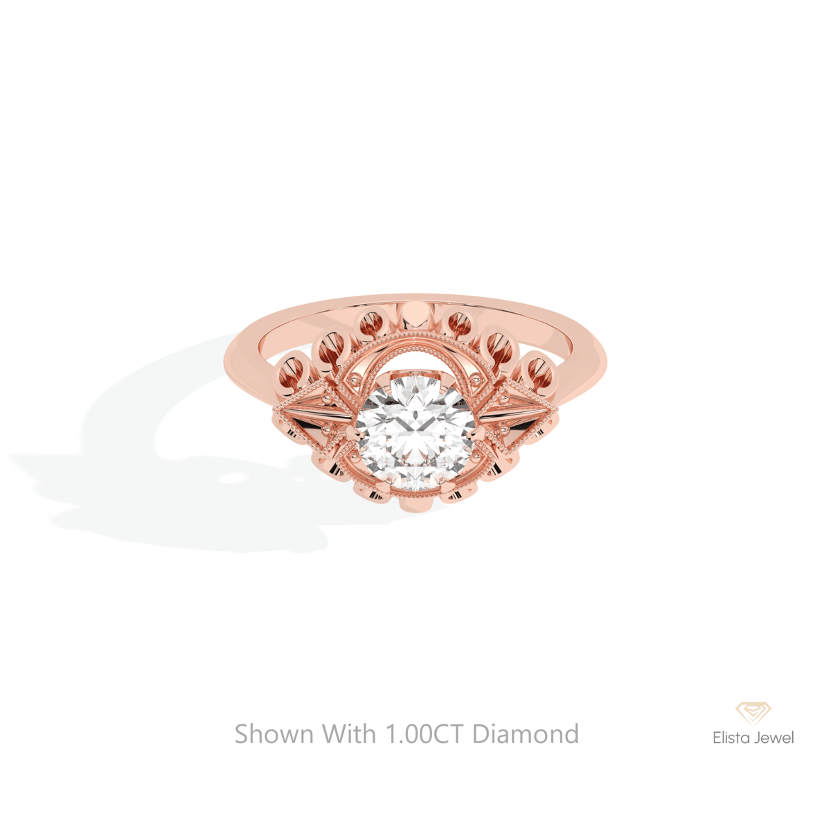 Round Cut Art Deco Engagement Lab Grown Diamond Ring in 18K Rose Gold - Ring on Hand View