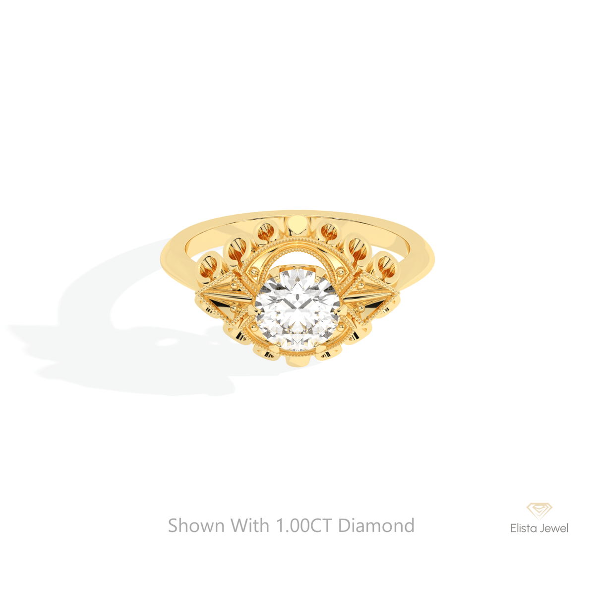 Round Cut Art Deco Engagement Lab Grown Diamond Ring in 14K Yellow Gold - Detail View