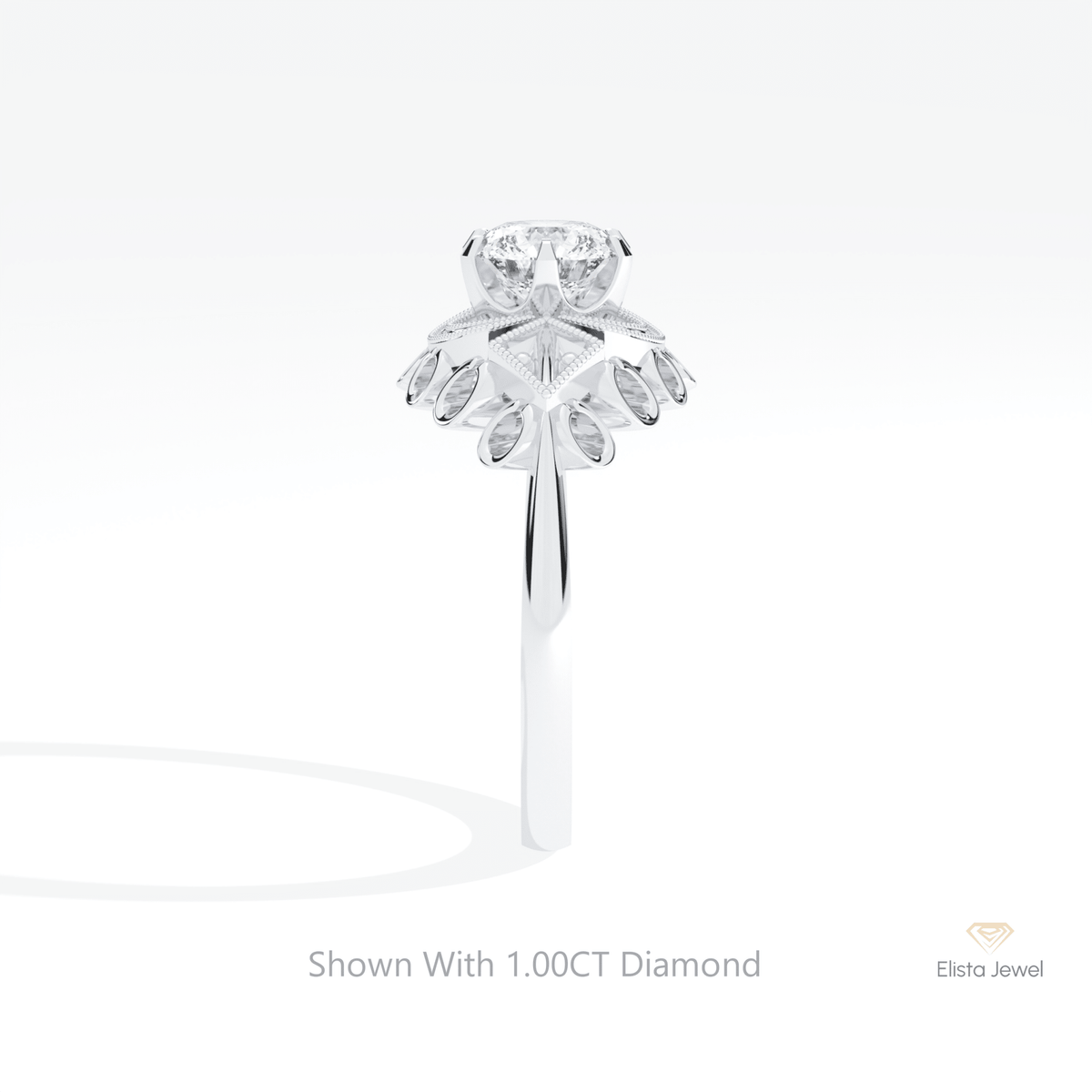 Round Cut Art Deco Engagement Lab Grown Diamond Ring in 14K White Gold - Top View