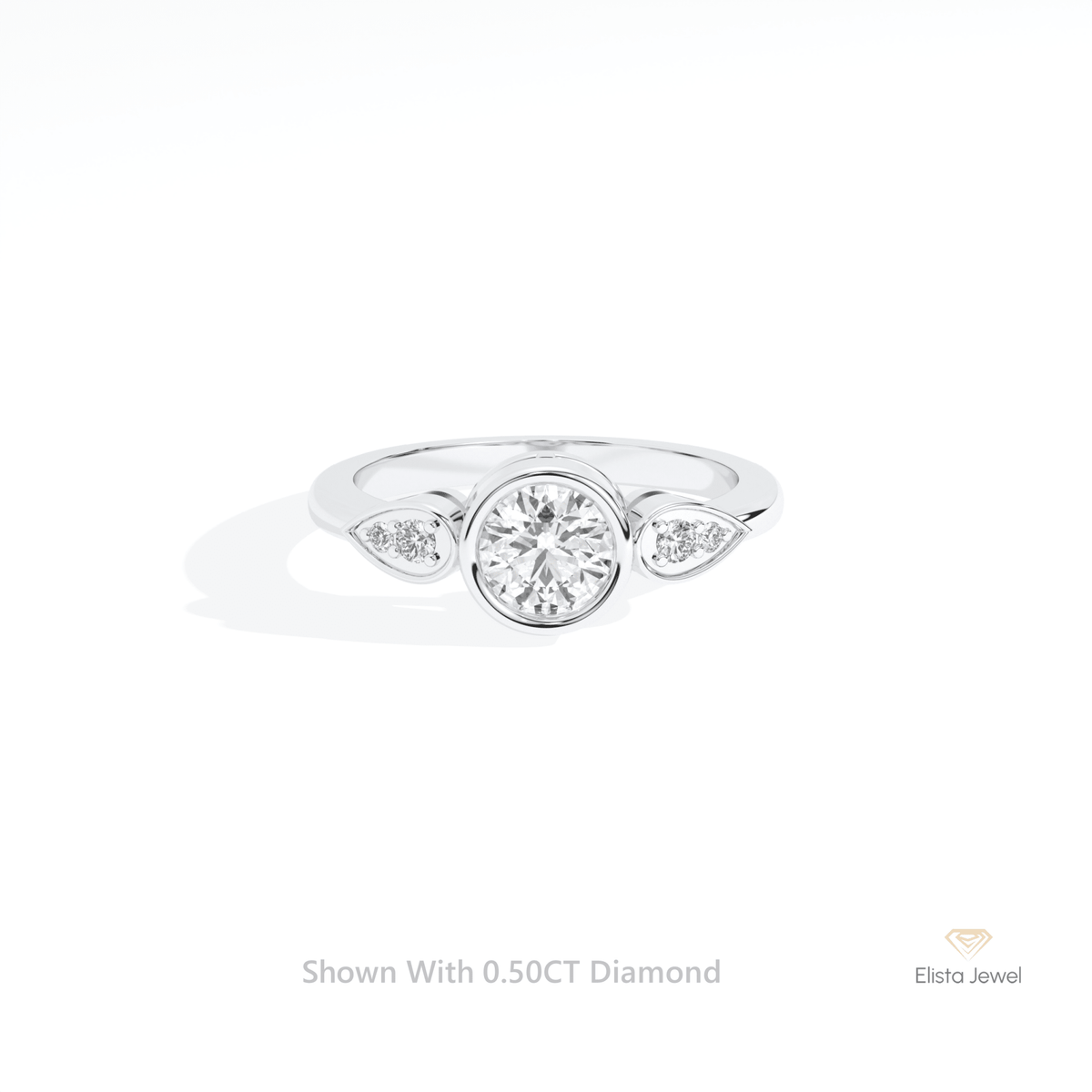 Round Cut Bezel Accent Engagement Lab Grown Diamond Ring in 14K Yellow Gold - Detail View