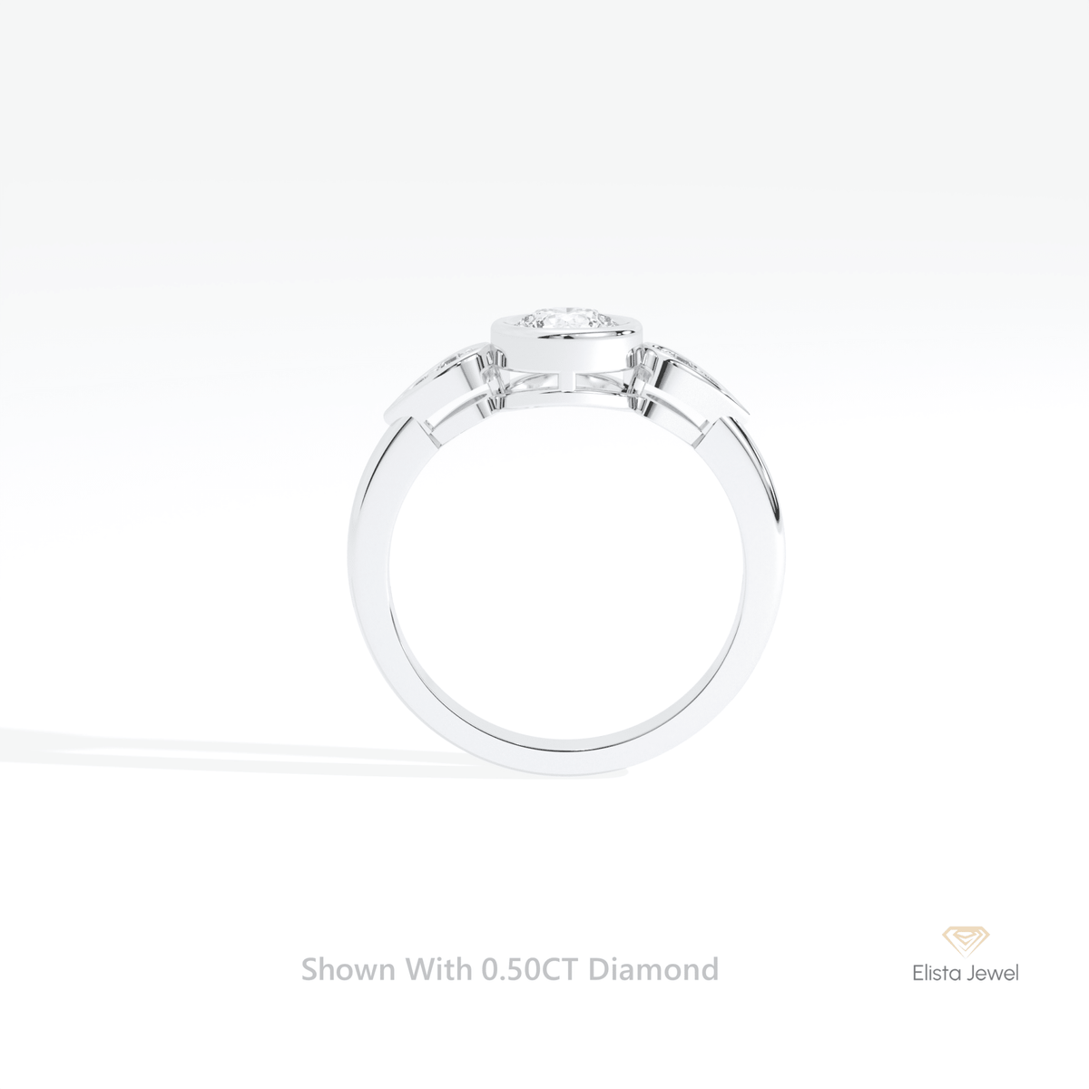 Round Cut Bezel Accent Engagement Lab Grown Diamond Ring in 18K White Gold - Close-up View