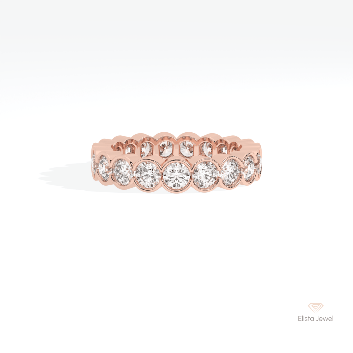 Round Cut Bezel Full Eternity Lab Grown Diamond Band in 18K Rose Gold - Ring on Hand View