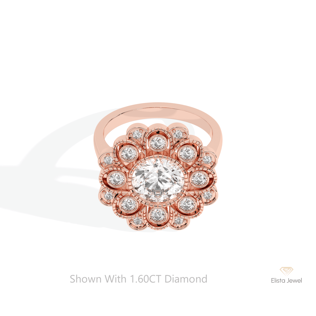 Round Cut Bezel Halo Lab Grown Diamond Ring in 14K Yellow Gold - Detail View