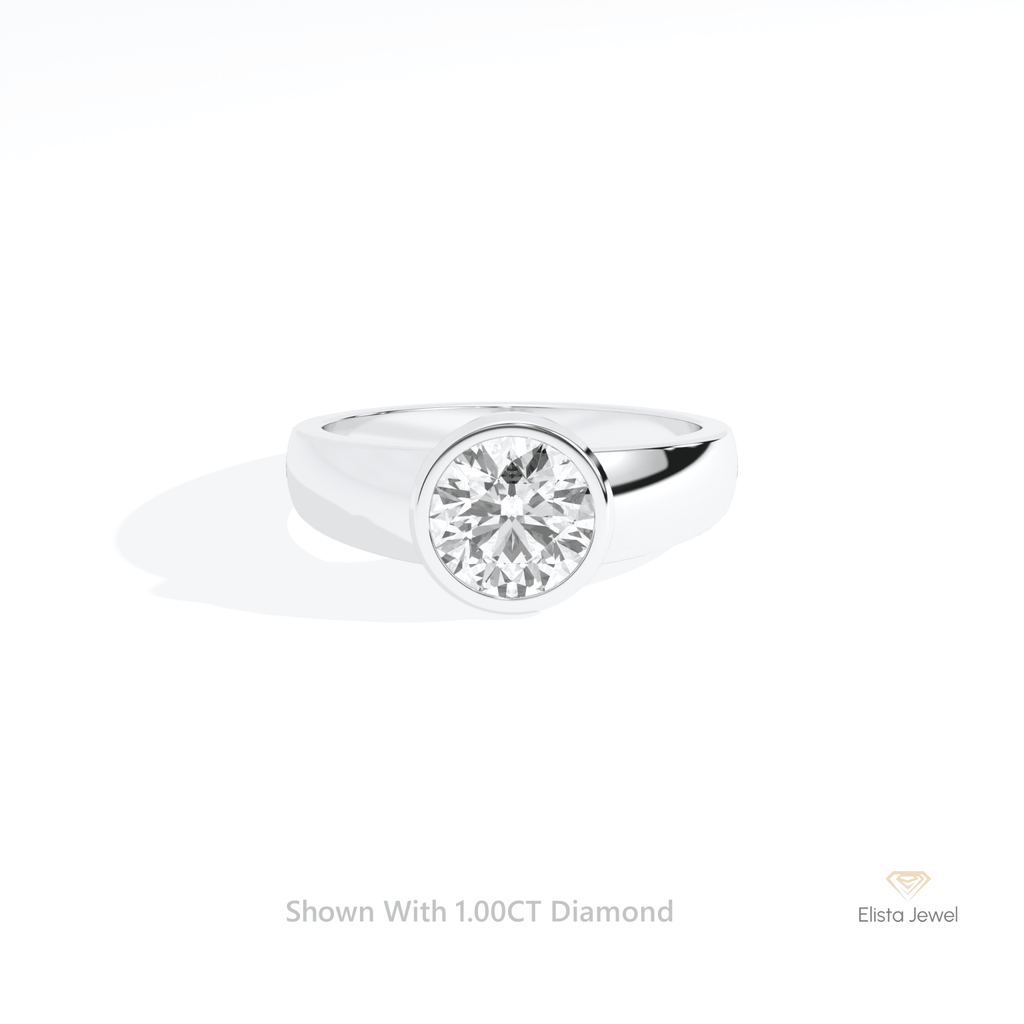 Round Cut Bezel Solitaire Engagement Lab Grown Diamond Ring in 10K White Gold - Front View