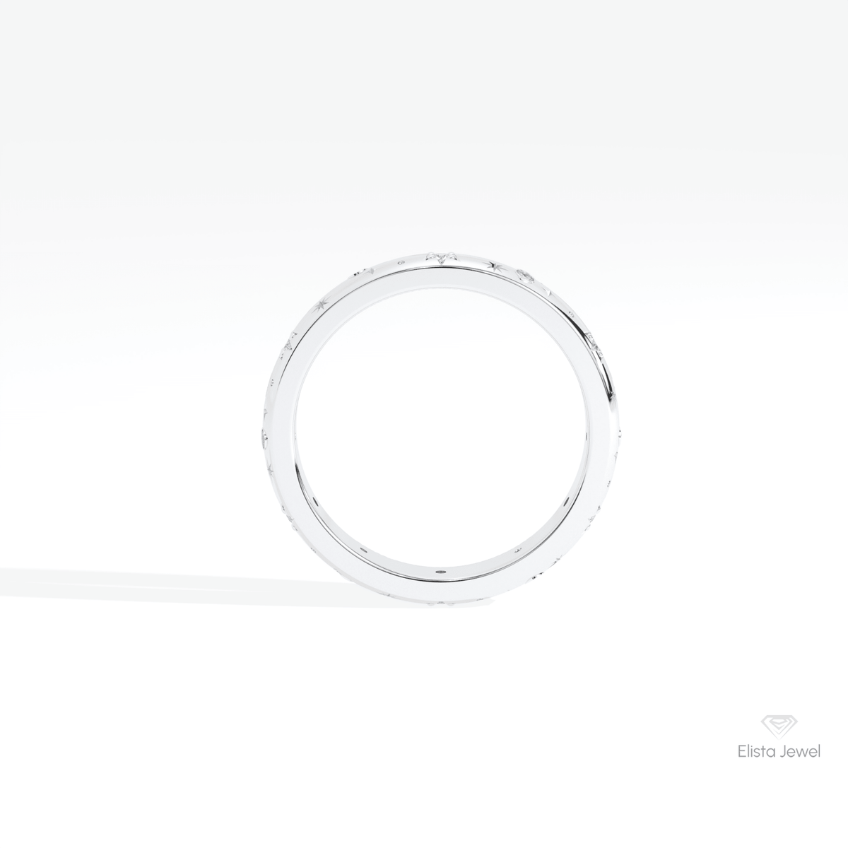 Round Cut Celestial Wedding Lab Grown Diamond Band in 18K White Gold - Close-up View