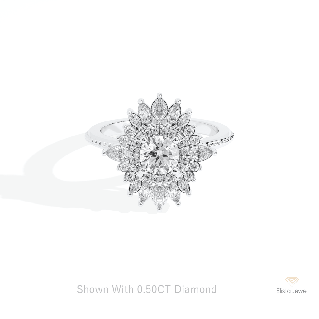 Round Cut Cluster Starburst Lab Grown Diamond Ring in 10K White Gold - Front View