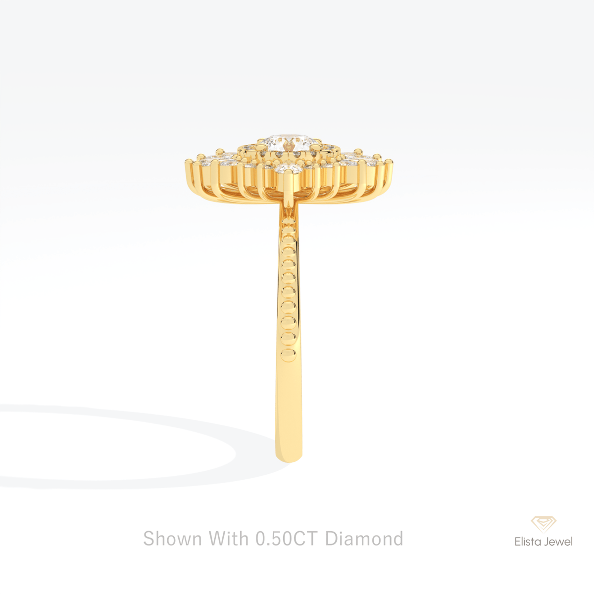 Round Cut Cluster Starburst Lab Grown Diamond Ring in 18K Yellow Gold - Perspective View