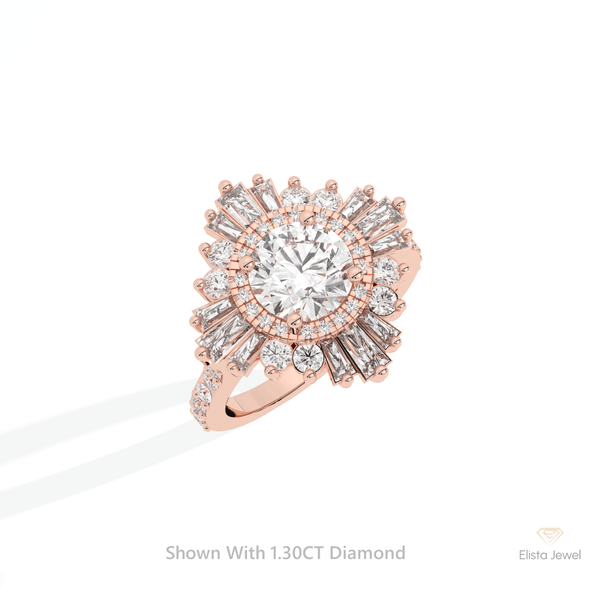 Round Cut Double Halo Accent Starburst Lab Grown Diamond Ring in 14K Rose Gold - Profile View