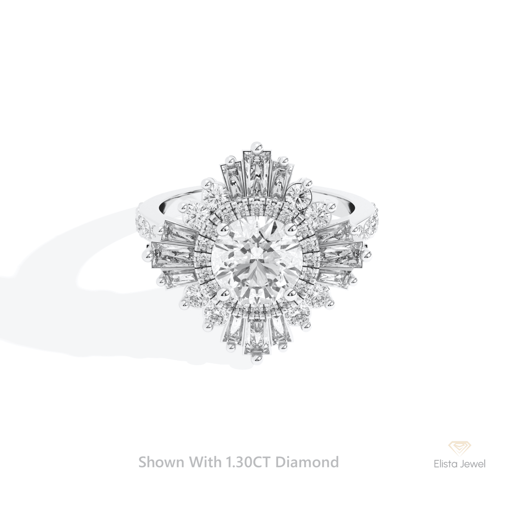 Round Cut Double Halo Accent Starburst Lab Grown Diamond Ring in 10K White Gold - Front View