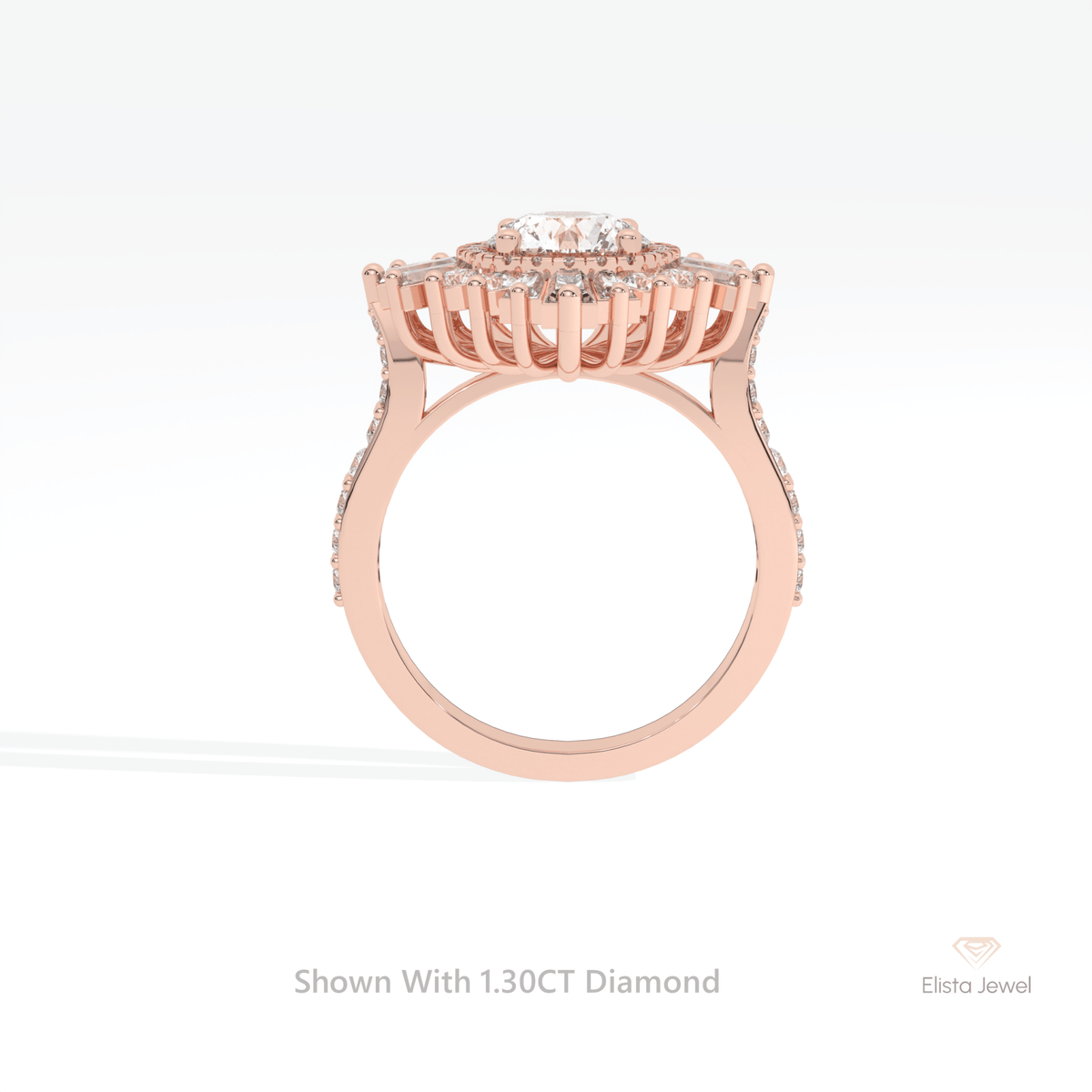 Round Cut Double Halo Accent Starburst Lab Grown Diamond Ring in 18K White Gold - Close-up View