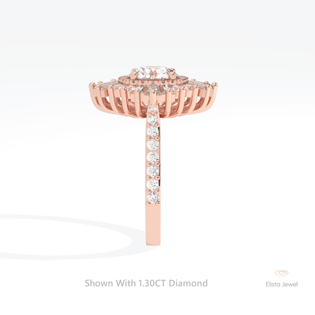 Round Cut Double Halo Accent Starburst Lab Grown Diamond Ring in 18K Yellow Gold - Perspective View