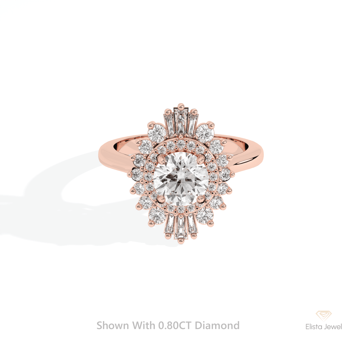 Round Cut Double Halo Art Deco Lab Grown Diamond Ring in 18K Rose Gold - Ring on Hand View
