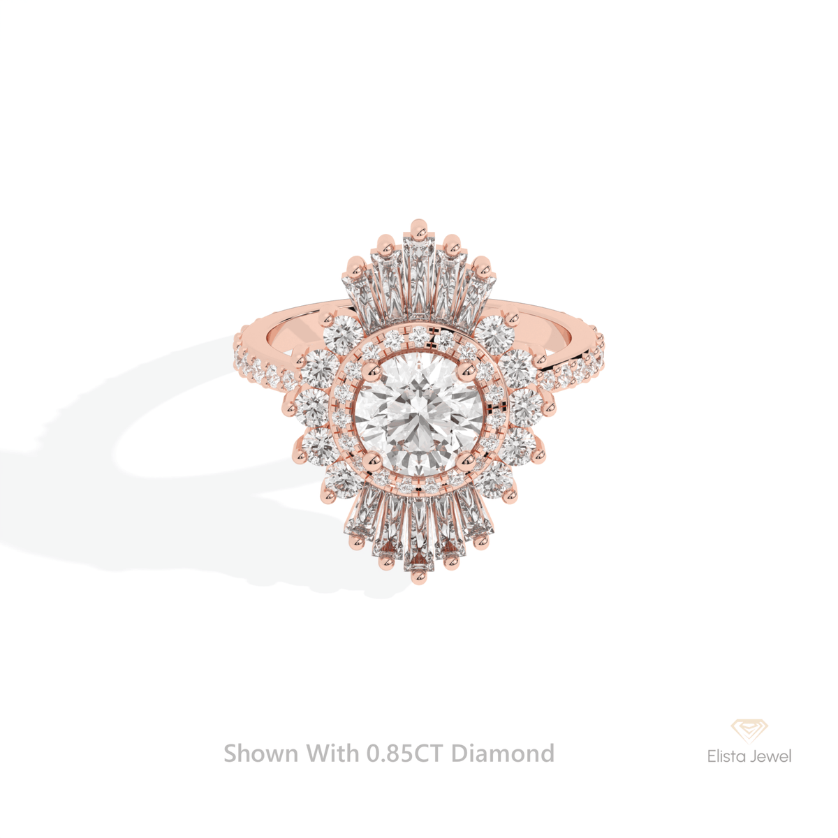 Round Cut Double Halo Art Deco Lab Grown Diamond Ring in 18K Rose Gold - Ring on Hand View