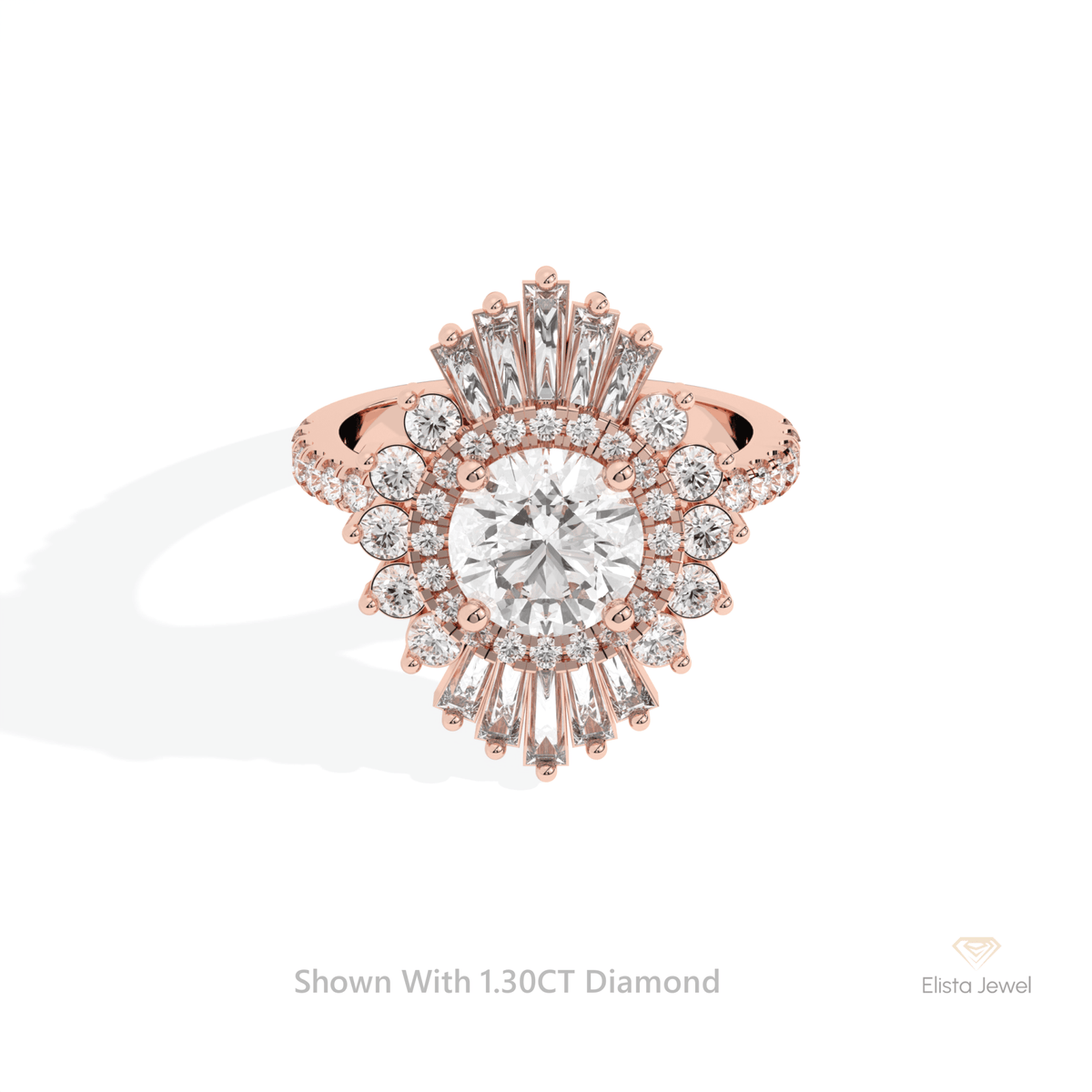 Round Cut Double Halo Art Deco Lab Grown Diamond Ring in 18K Rose Gold - Ring on Hand View