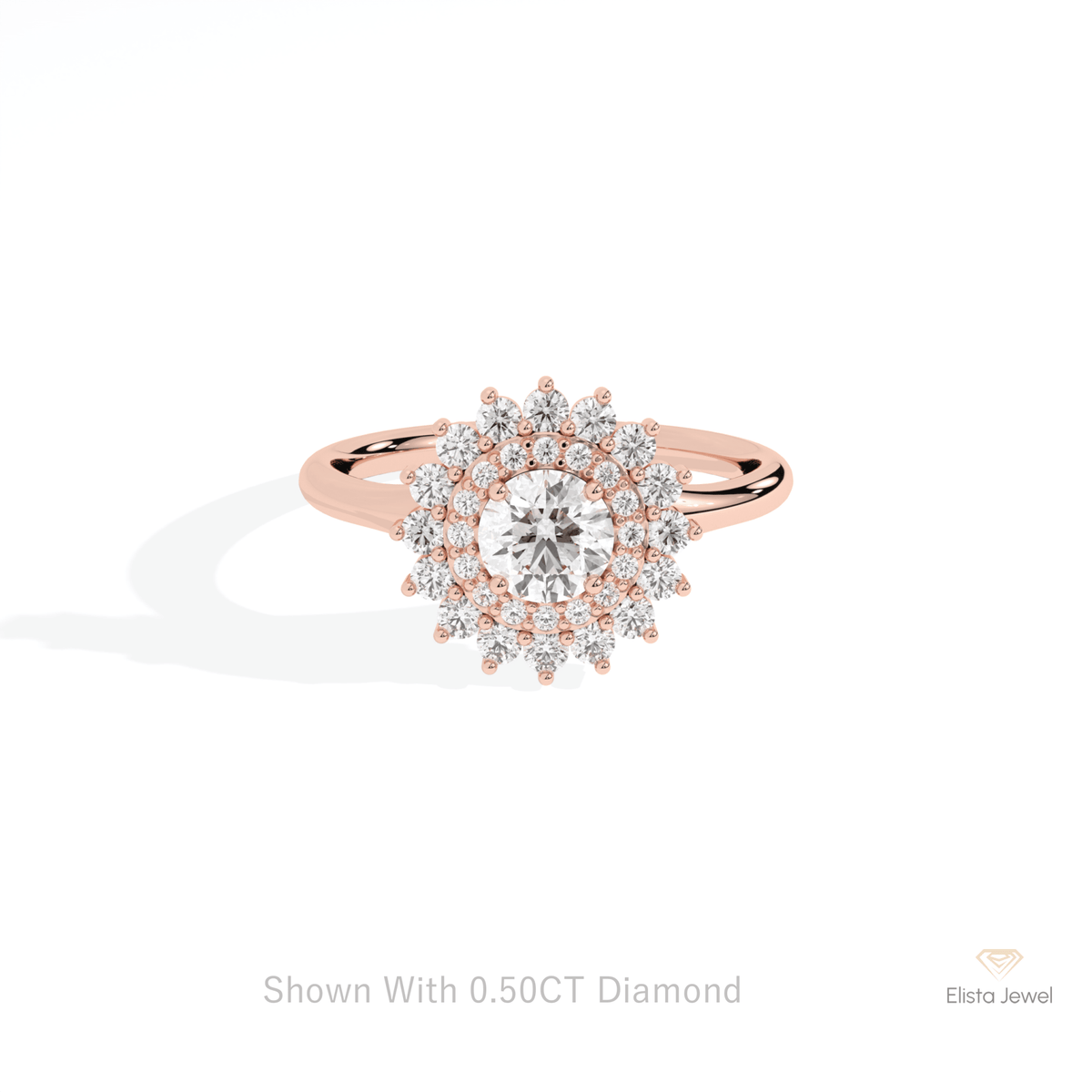 Round Cut Double Halo Wedding Lab Grown Diamond Ring in 14K Yellow Gold - Detail View