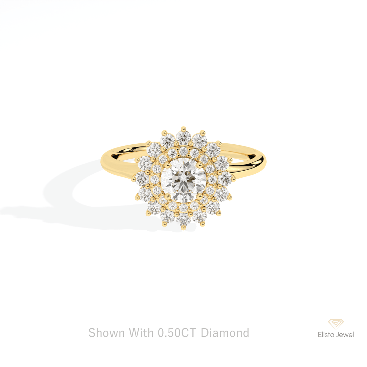 Round Cut Double Halo Wedding Lab Grown Diamond Ring in 18K Rose Gold - Ring on Hand View