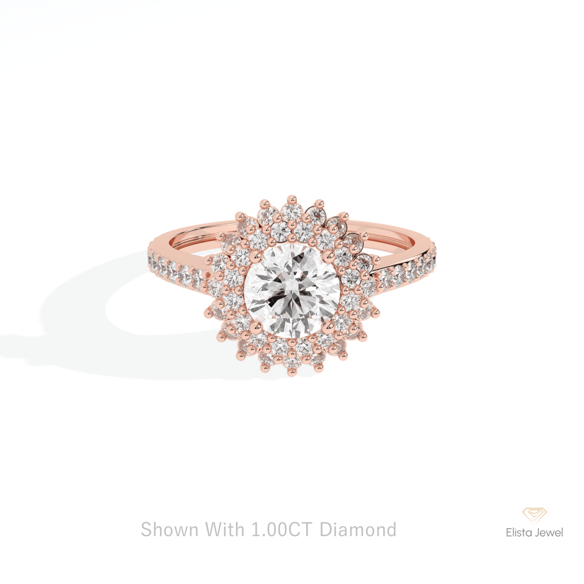 Round Cut Double Halo Wedding Lab Grown Diamond Ring in 18K Rose Gold - Ring on Hand View