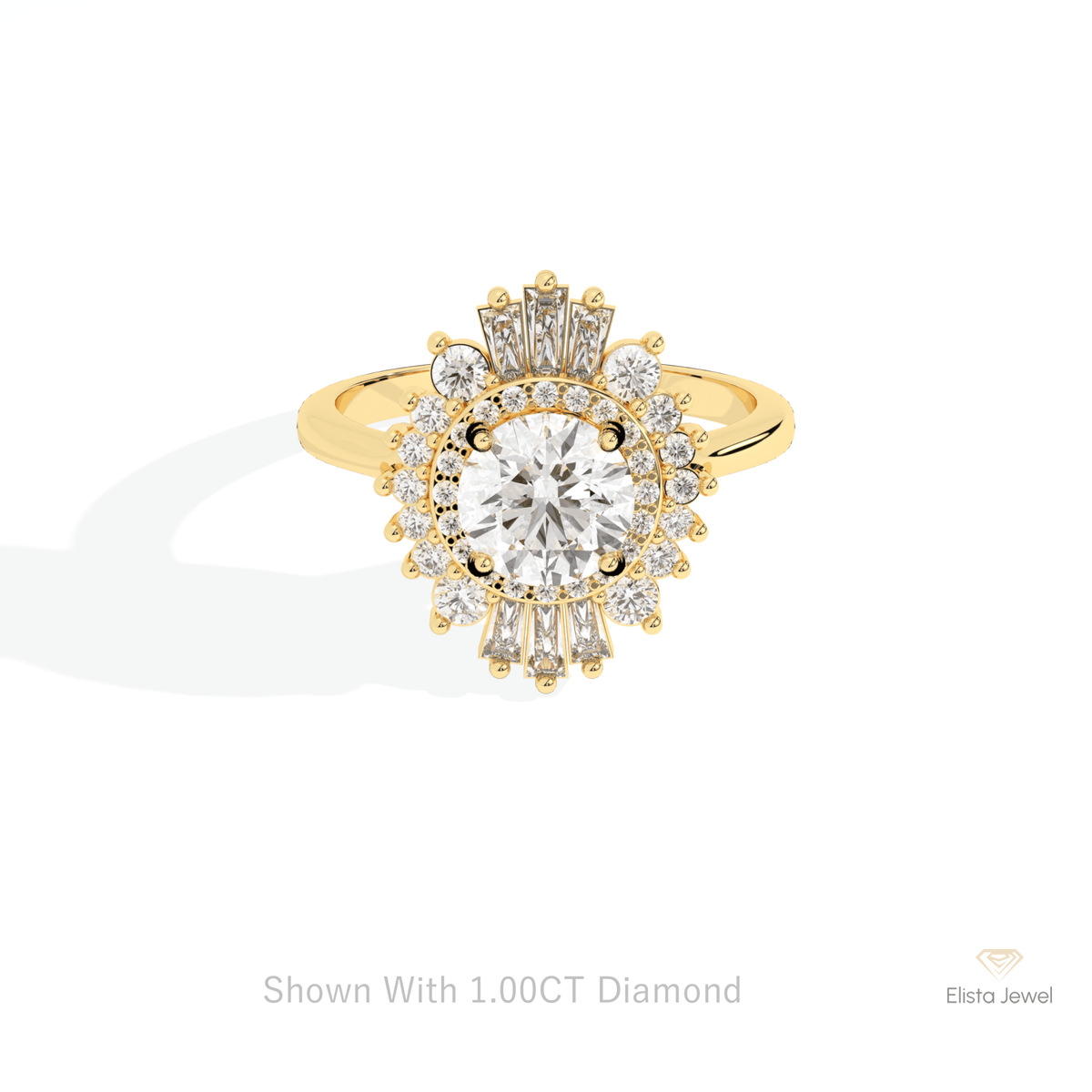 Round Cut Double Halo Wedding Lab Grown Diamond Ring in 14K Yellow Gold - Detail View